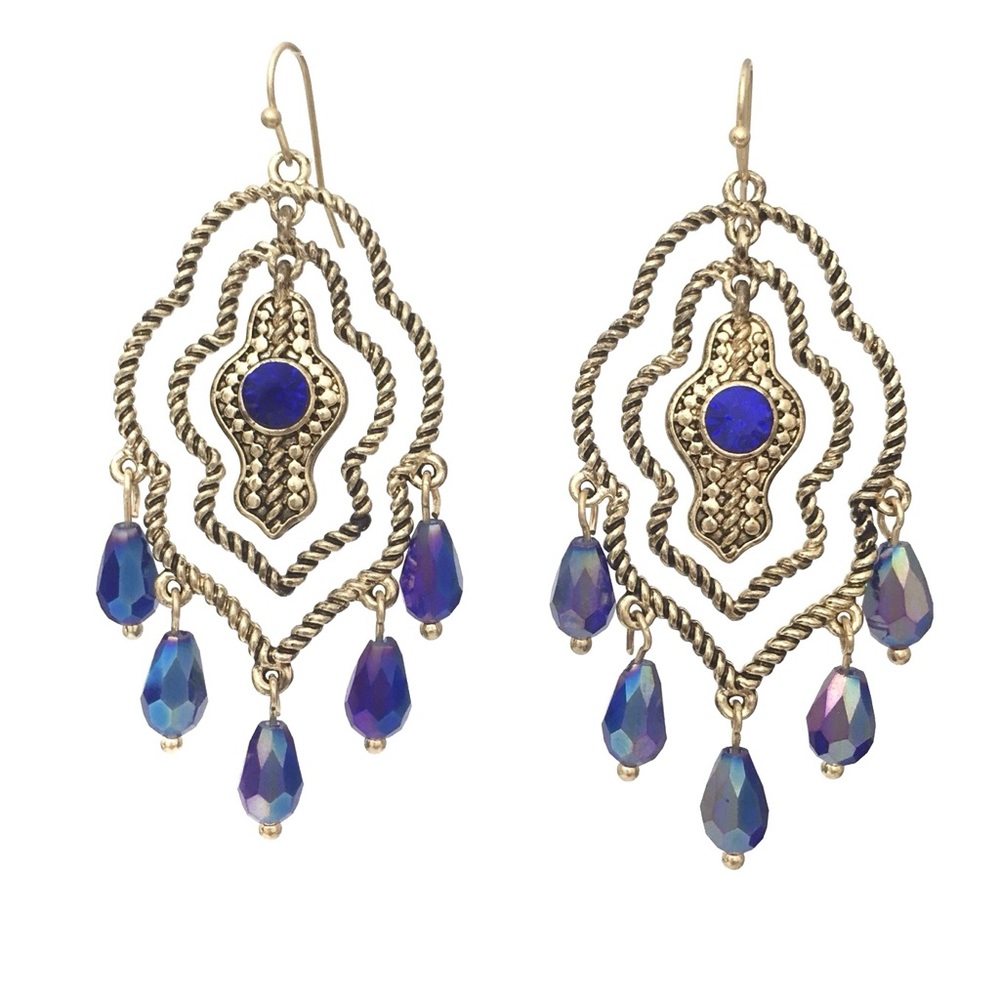 3 Layer Blue Bead Moroccan Style Gold Tone Dangle Earrings